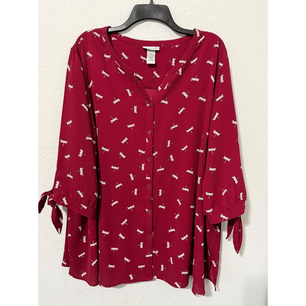 Novelty Blouse 2X 11/24W Burgundy Dragonfly Print Button Front Tie Sleeve Red